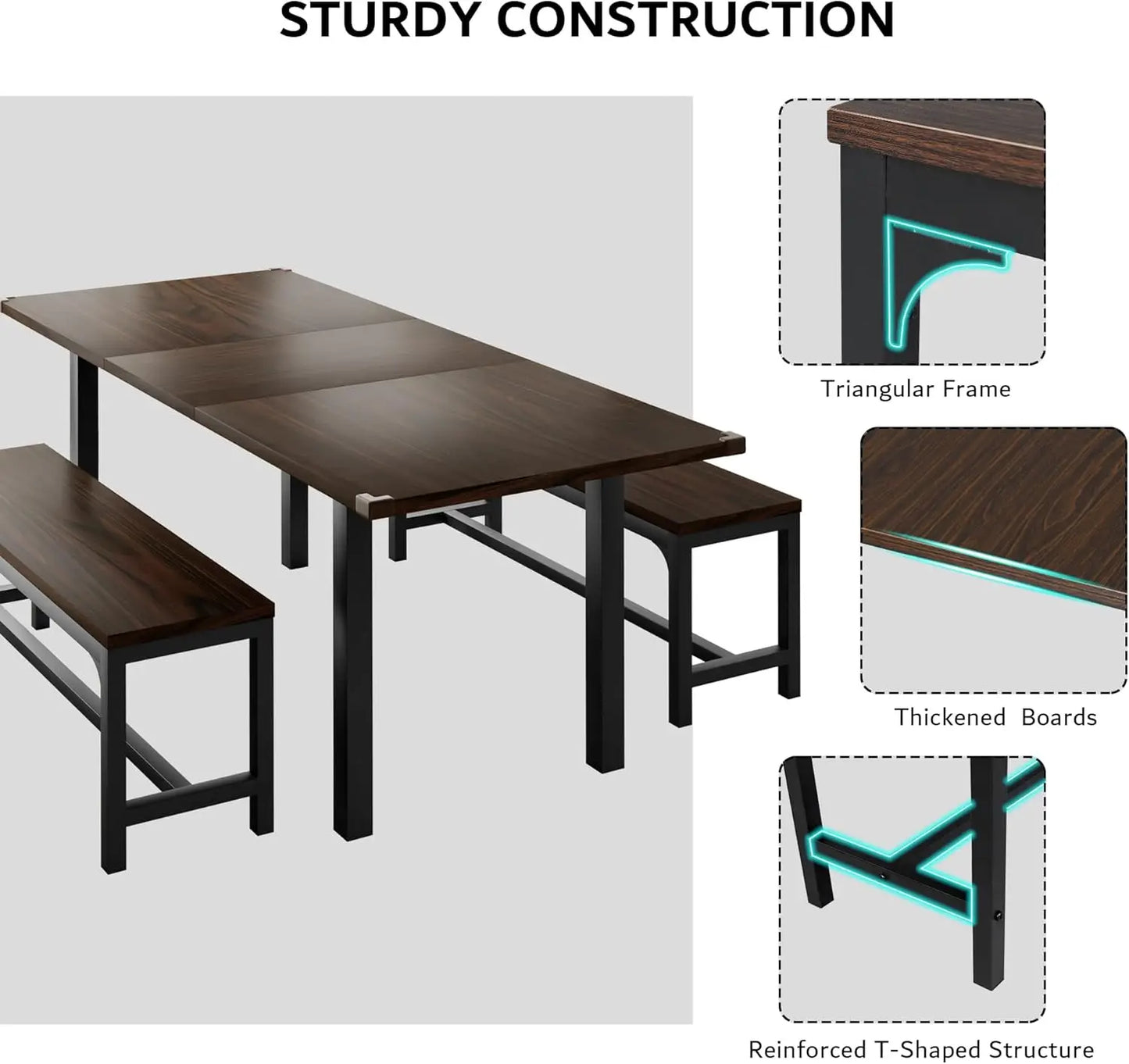 3 Pcs 63" Dining Table for 4-6, Extendable Dining Room Table with 2 Benches, Mid Century-Modern Kitchen Table Set