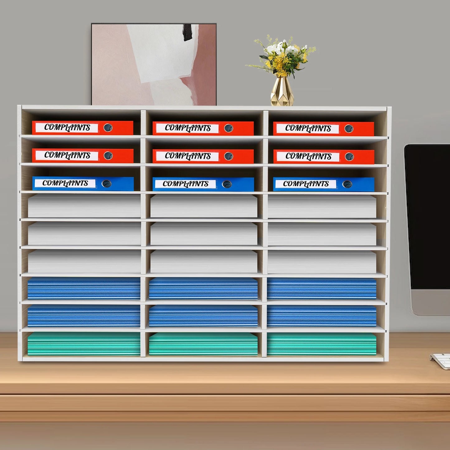 27 Slot File Classification Cabinet, Desktop Literature Organizer,  Adjustable File Sorter,  Mail Center Magazine Holder