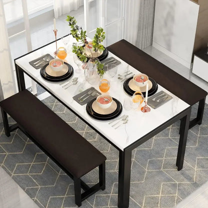 Mesa de comedor de imitación de mármol para 4 personas, muebles de cocina con 2 mesas de comedor de cuero PU, mesa de cocina y sillas