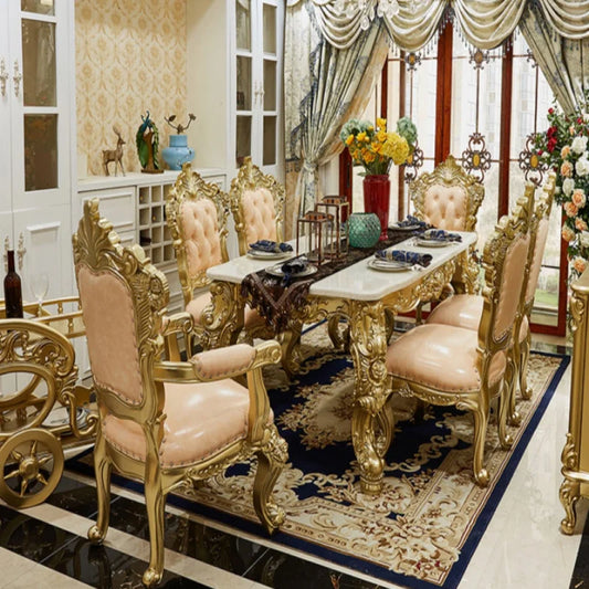 Table à manger de luxe en bois massif sculpté à la main de style classique européen, meubles de salle à manger avec chaises de salle à manger