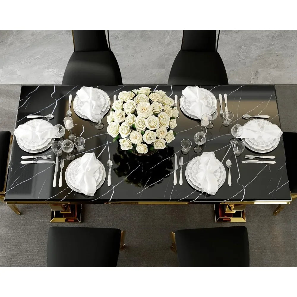 Juego de mesa de comedor de lujo, mesa de comedor moderna con base en U de 72 pulgadas con 6 sillas de comedor tapizadas en terciopelo negro, juego de comedor