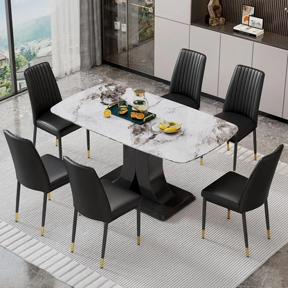 Juego de mesa de comedor moderno para 6 personas, juego de mesa y sillas de mármol para 6 personas, mesa rectangular con 6 sillas acolchadas de cuero sintético