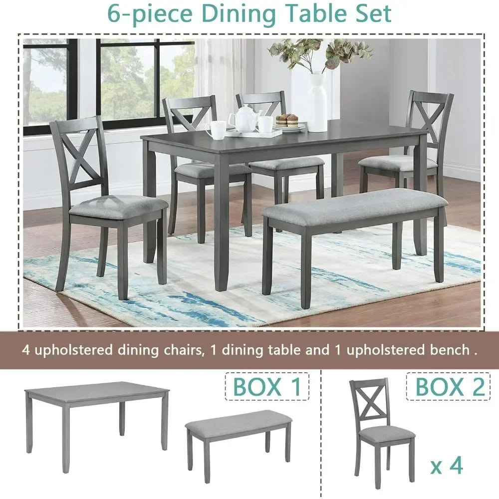 Juego de mesa de comedor para 6 personas, juego de mesa de cocina estilo granja con 4 sillas tapizadas y 1 banco, juego de mesa de comedor de madera maciza para cocina