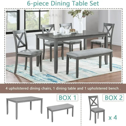 Juego de mesa de comedor para 6 personas, juego de mesa de cocina estilo granja con 4 sillas tapizadas y 1 banco, juego de mesa de comedor de madera maciza para cocina