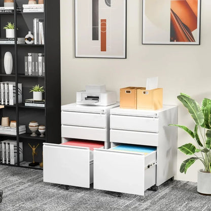 3 Drawer Filing Cabinet with Lock, Assembled White Mobile File Cabinet with Wheels, Rolling Small Metal Cabinets Under Desk