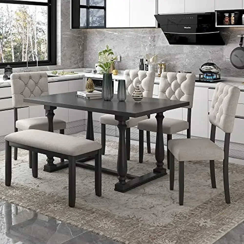 Wooden Dining Table Set Bench Chairs Retro Style 6-Piece Kitchen Family Room Melaleuca Material Gray Rustic Rectangle 220 lbs