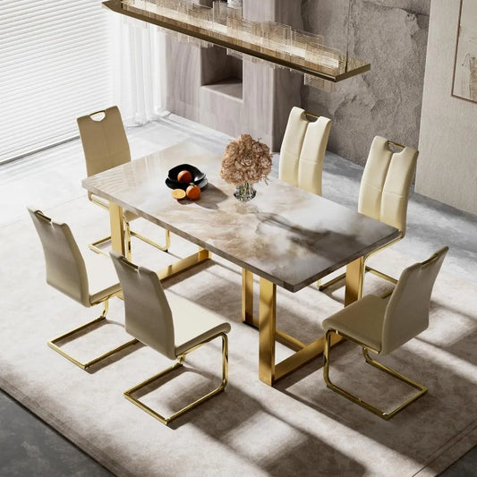 Juego de mesa de comedor para 6 piezas, grande, de imitación de mármol blanco con sillas de piel sintética beige, fácil de montar, juegos de comedor, 71''