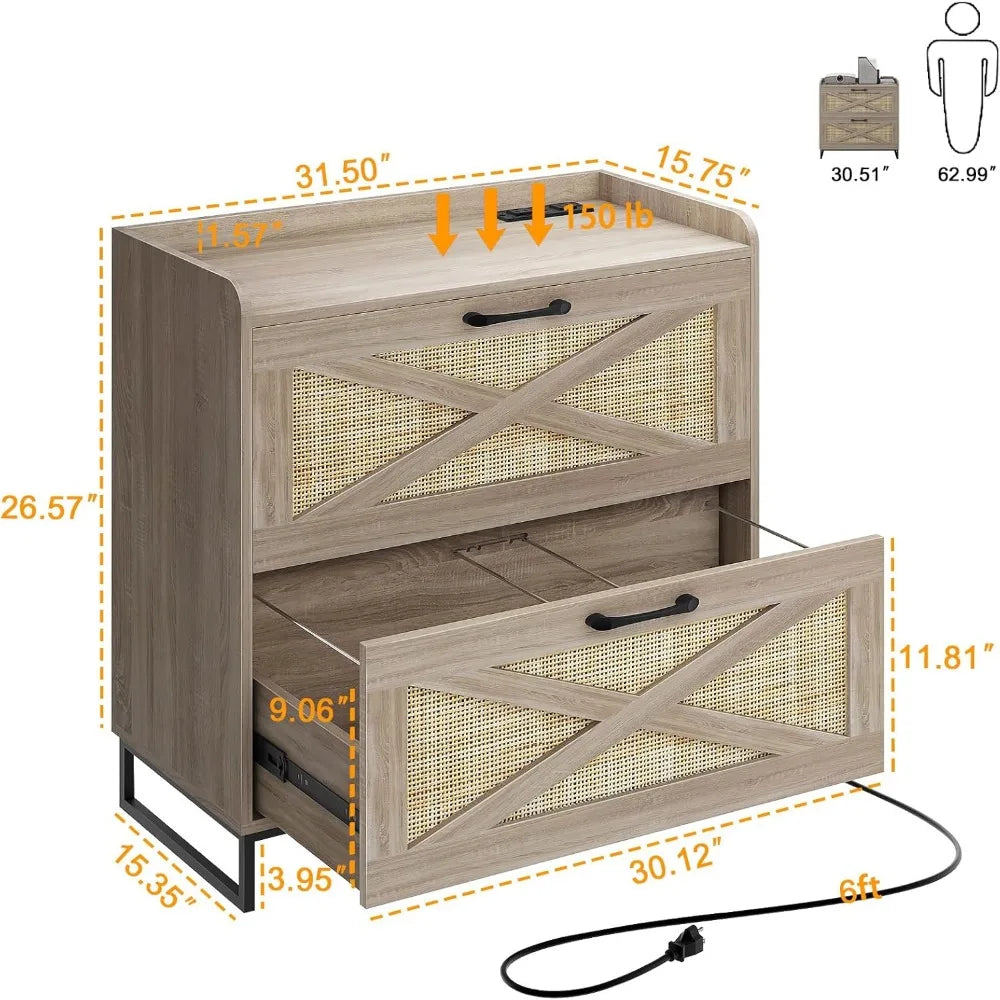 File Cabinet 2 Drawers with Charging Station for Letter/Legal/A4 Size Files, File Storage Cabinet Printer Stand for Home Office