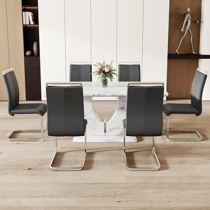 Juego de mesa de comedor moderna para 6 personas, juego de mesa de cocina rectangular con tablero de mármol sintético y 6 sillas tapizadas de cuero sintético