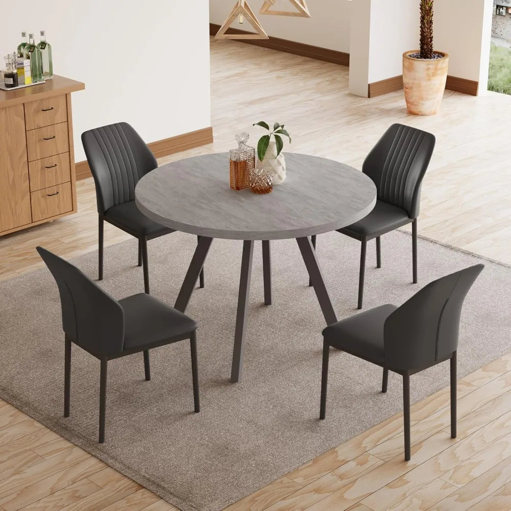 Round Dining Table Set for 4 Modern Casual Coffee Table Set for Kitchen, Living Room Space Saving Dining Table + 4 Black Chairs