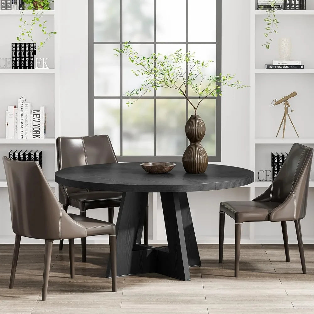 Mesa de comedor redonda de madera para cocina, mesa de comedor de 47 pulgadas para 4 personas, mesa de comedor estilo granja con tablero de madera, color negro