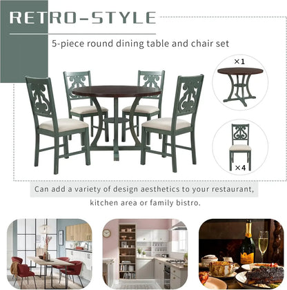 Vintage Round Dining Table and Chairs, 5-Piece Kitchen Dining Room Table Set with Middle Open Shelf and Fabric Padded Seat