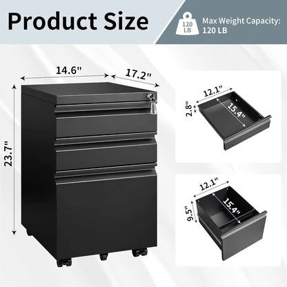 3-drawer filing cabinet, suitable for home offices, lockable mobile filing cabinet, fully assembled except for casters, black