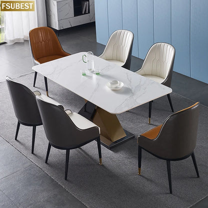 Mesa de comedor y sillas de lujo modernas para 8 personas, mesa de comedor rectangular de acero inoxidable y mármol