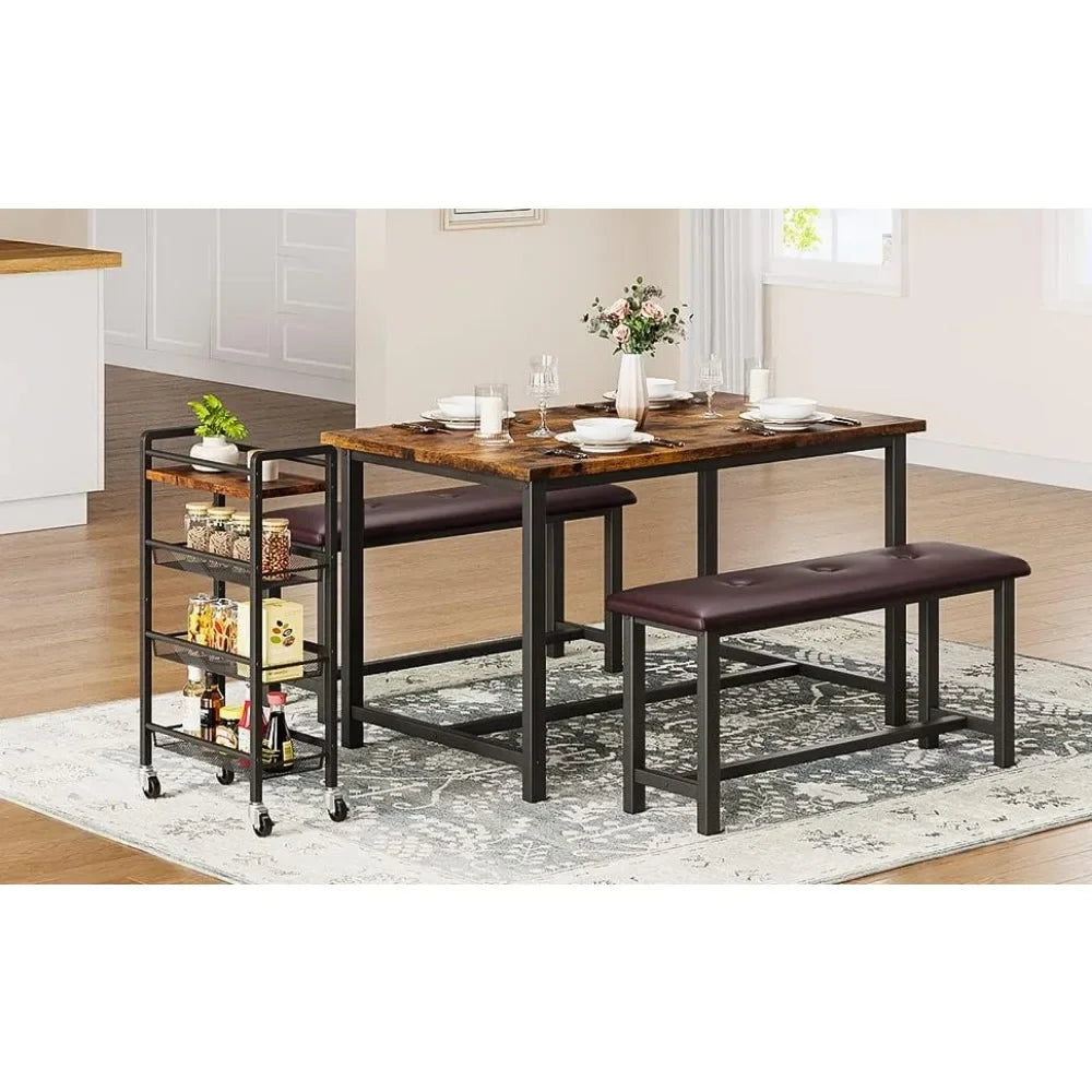 Juego de mesa de comedor para 4, mesa de cocina con bancos, juego de mesa de comedor rectangular con 2 bancos de madera y metal, juego de comedor de 3 piezas