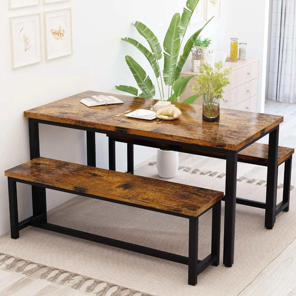 Ensemble de table à manger pour 4 personnes Ensemble de table de cuisine avec 2 bancs de salle à manger, 3 pièces de style ferme industriel pour petit espace, appartement, brun rustique