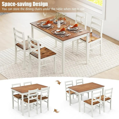 Juego de mesa de comedor para 4 personas, madera maciza, juego de comedor de granja con patas de madera de caucho, juego de mesa y sillas de comedor modernas (marrón + gris claro)