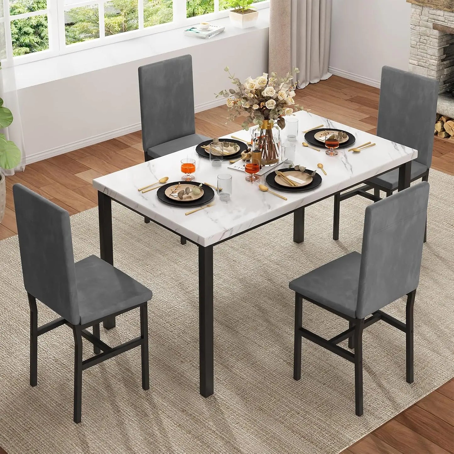 Juego de mesa de comedor para 4, juego de mesa y sillas de cocina modernas de 4, juego de mesa de comedor de 5 piezas que ahorra espacio con mármol sintético