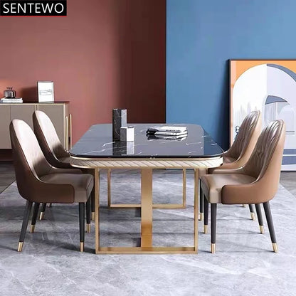 SENTEWO Ensemble de table à manger de cuisine en marbre de luxe italien avec chaise et cadre doré en acier inoxydable Mesa Com 6 Cadeiras