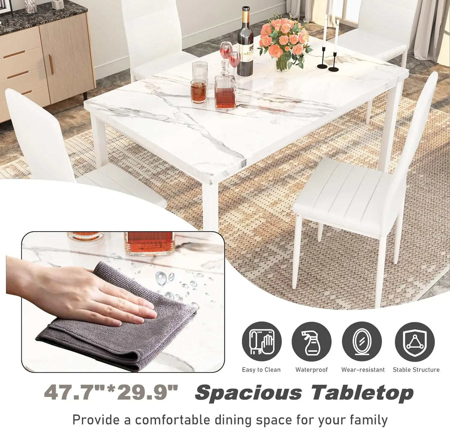 Juego de mesa de comedor para 4, mesa de cocina de mármol y sillas para 4, cómodas sillas de cuero sintético, juego de mesa de comedor para espacios pequeños