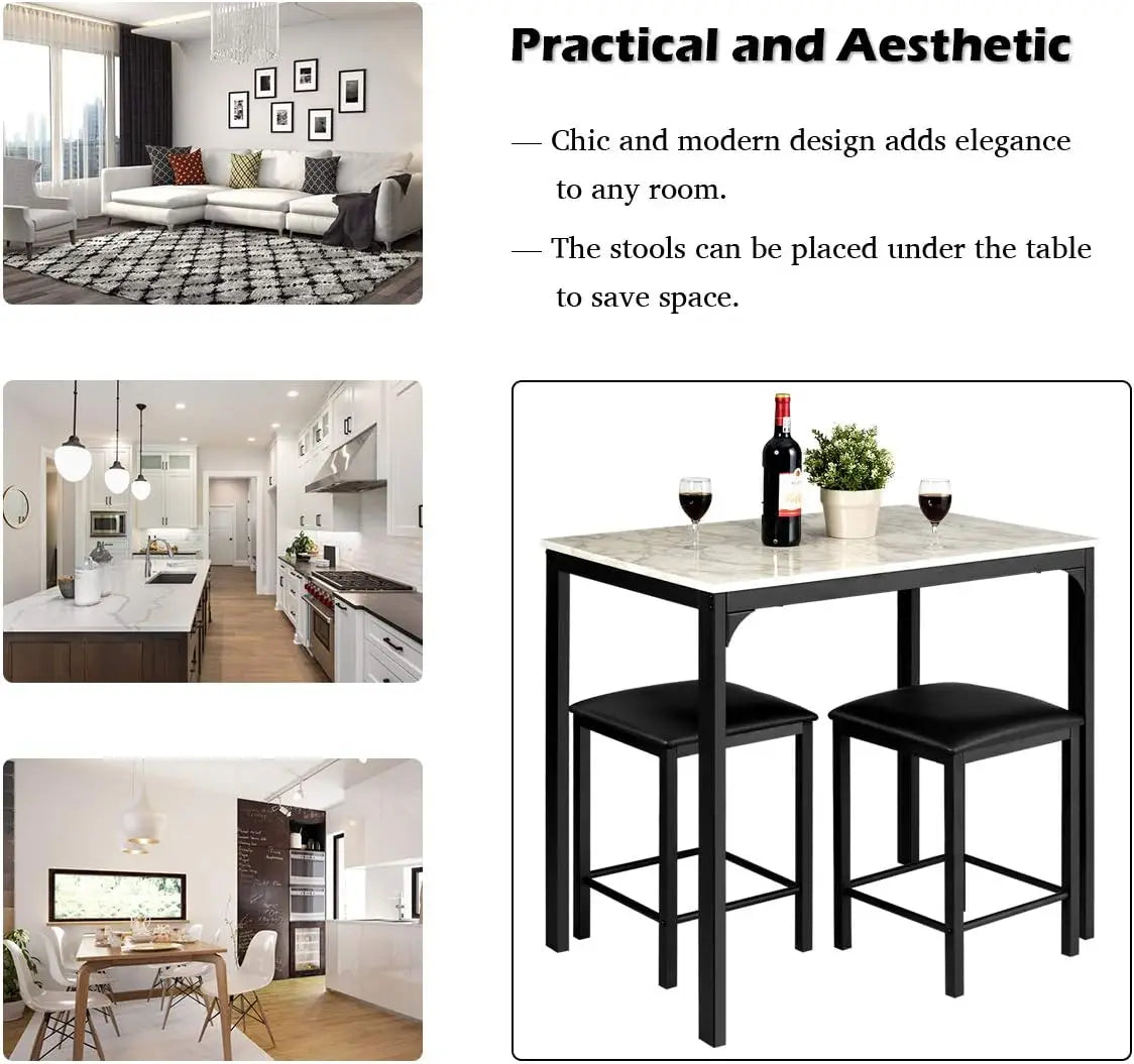 3 Pcs Dining Table and Chairs Set with Faux Marble Tabletop 2 Chairs Contemporary Dining Table Set for Home or Hotel Dining Room