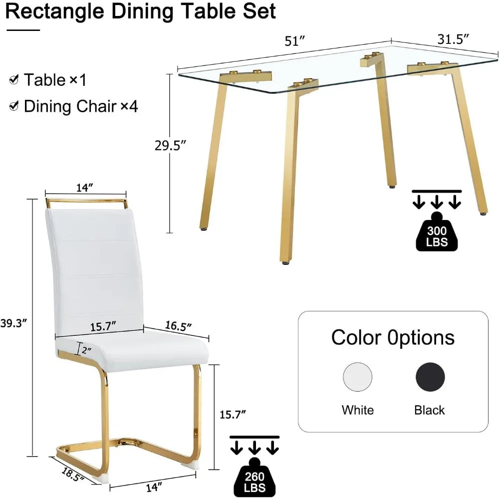 Ensemble de table à manger pour 4 personnes, plateau de table rectangulaire en verre transparent avec pieds dorés, ensemble de 4 chaises de cuisine en similicuir, ensemble de salle à manger