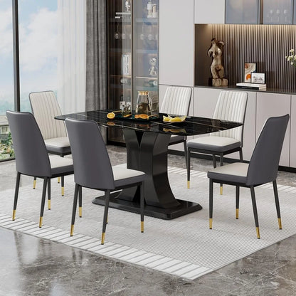 Juego de mesa de comedor moderno para 6 personas, juego de mesa y sillas de mármol para 6 personas, mesa rectangular con 6 sillas acolchadas de cuero sintético