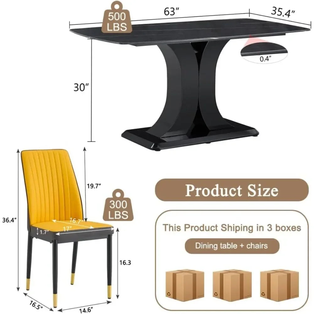 Juego de mesa de comedor, juego de mesas y sillas de cocina de mármol para 6, mesas con 6 sillas tapizadas de cuero sintético, juego de mesa de comedor