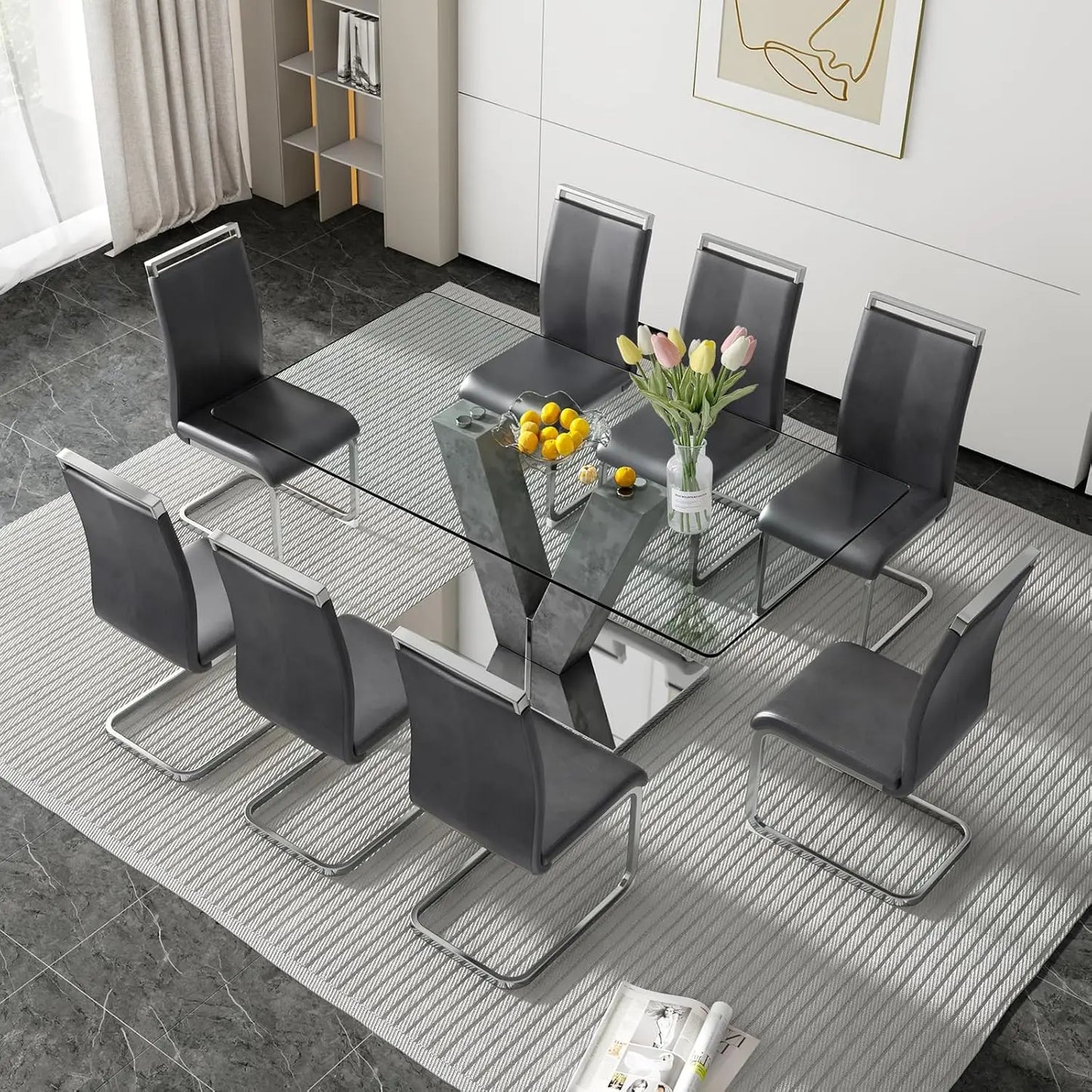 Juego de mesa de comedor para 8 personas, juego de mesa de comedor de vidrio dorado, mesa y 8 sillas de comedor tapizadas de cuero sintético, escritorio de comedor grande de 71''