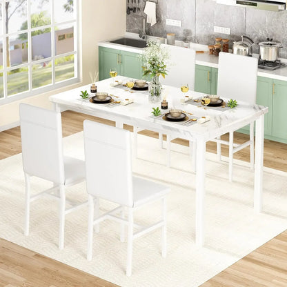 Ensemble de table à manger pour 4 personnes Table de cuisine peu encombrante et chaises pour 4 personnes, ensemble de table de salle à manger en faux marbre 5 pièces avec 4 chaises en cuir PU