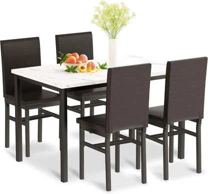 Ensemble de table à manger pour 4 personnes, ensemble de table et de chaises de cuisine moderne de 4 pièces, ensemble de table de salle à manger peu encombrante de 5 pièces avec plateau en faux marbre