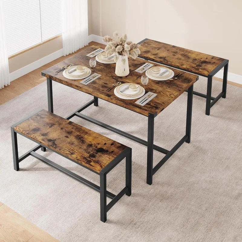 Ensemble de table à manger pour 4 personnes, bureau de cuisine avec banc rembourré, ensemble de table de salle à manger rectangulaire avec 2 bancs