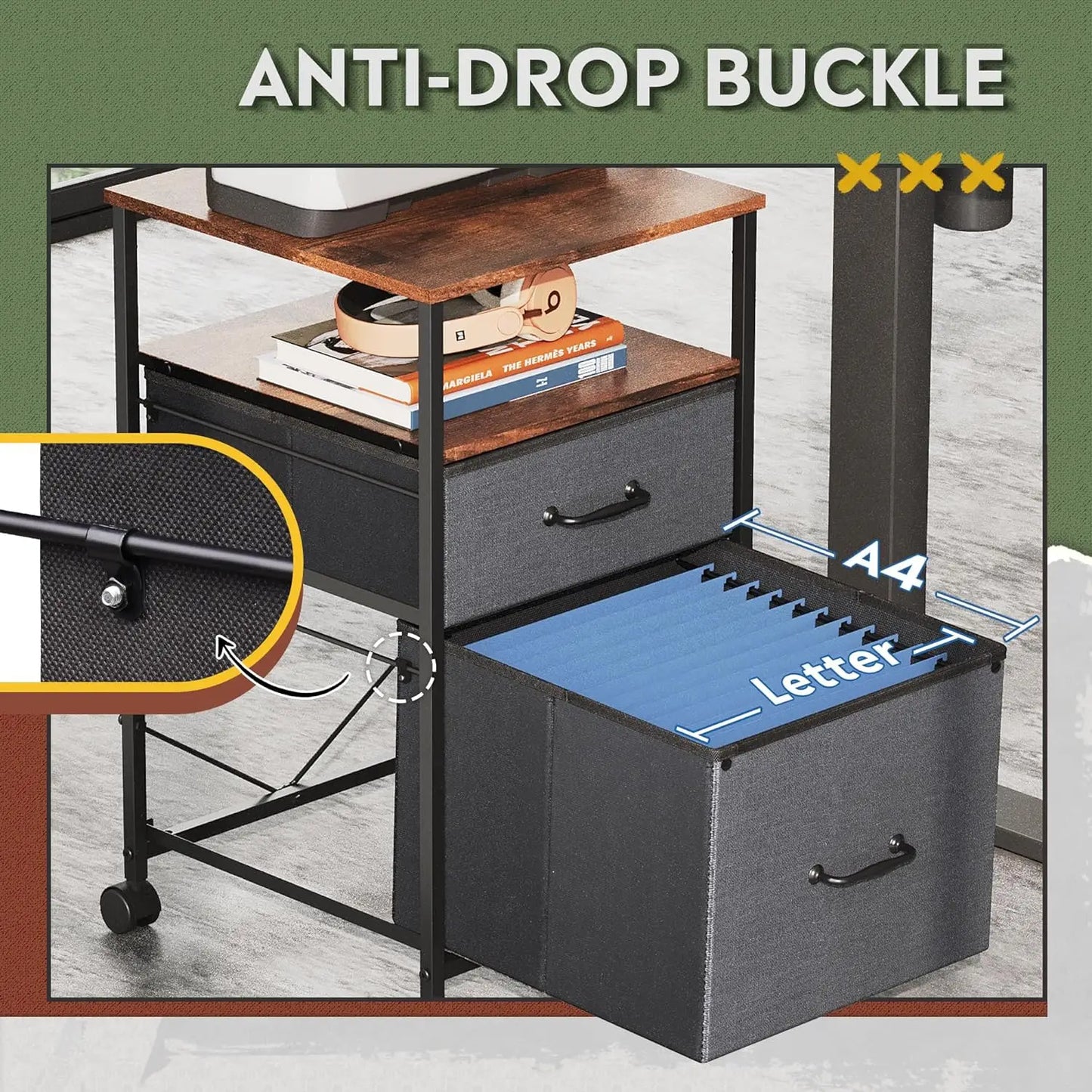 2 drawer mobile filing cabinet, rolling printer rack with open storage rack, suitable for A4 or home office