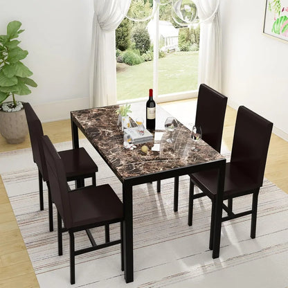 Juego de mesa de comedor para 4, juego de mesa de cocina de 5 piezas con sillas de cuero PU Juego de mesa de comedor de mármol sintético que ahorra espacio para 4