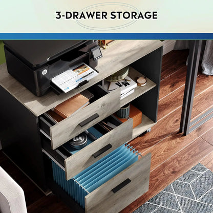 3-Drawer wooden filing cabinet, mobile horizontal filing cabinet, printer rack with open storage rack for home office