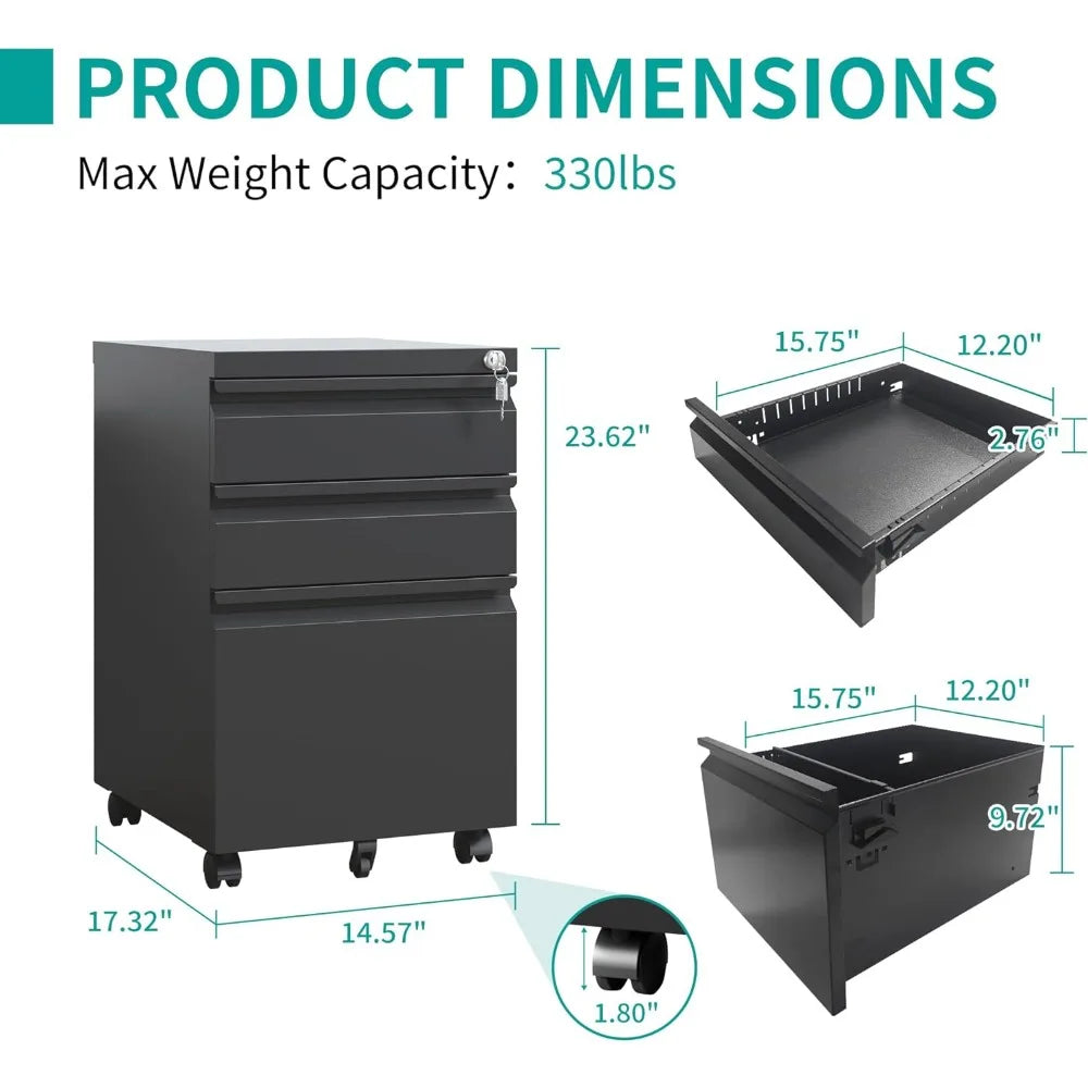 3 Drawer Mobile File Cabinet, Vertical File Cabinets with Lock and Wheels, Fully Assembled Metal Under Desk Filing Cabinet