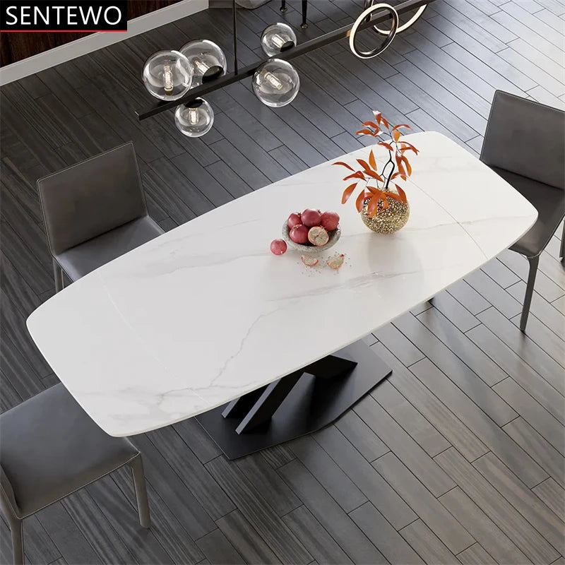 SENTEWO Table à manger extensible moderne en dalle de roche blanche avec 4 6 8 chaises, base en acier au carbone, table pliante noire, livraison gratuite