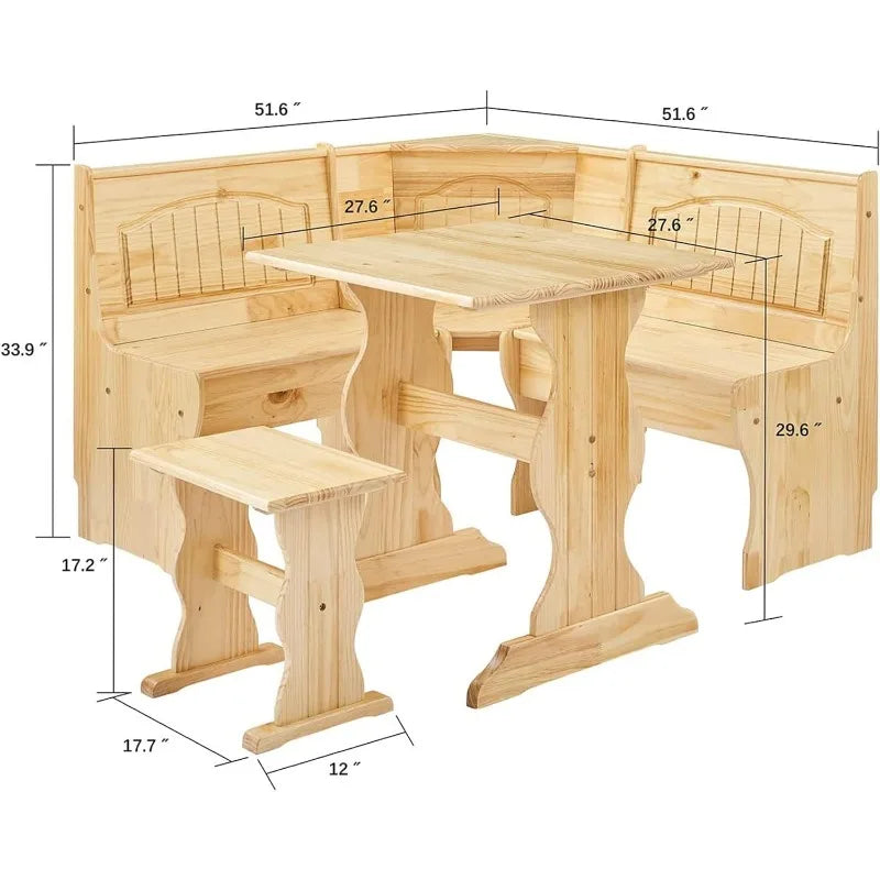 Juego de mesa de comedor con rincón de desayuno de madera maciza de 3 piezas de estilo tradicional con banco lateral, juego de mesa con rincón de almacenamiento oculto