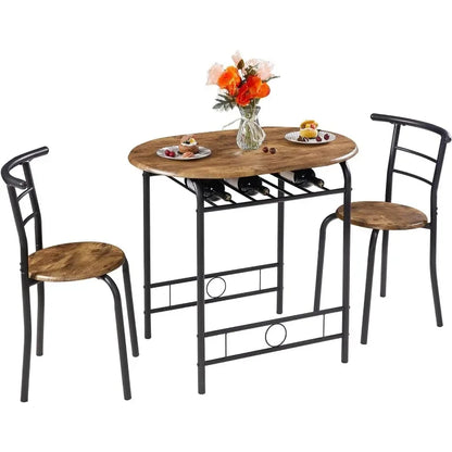 3 Piece Small Round Dining Table Set for Kitchen Breakfast Nook, Wood Grain Tabletop with Wine Storage Rack, Save Space, 31.5"