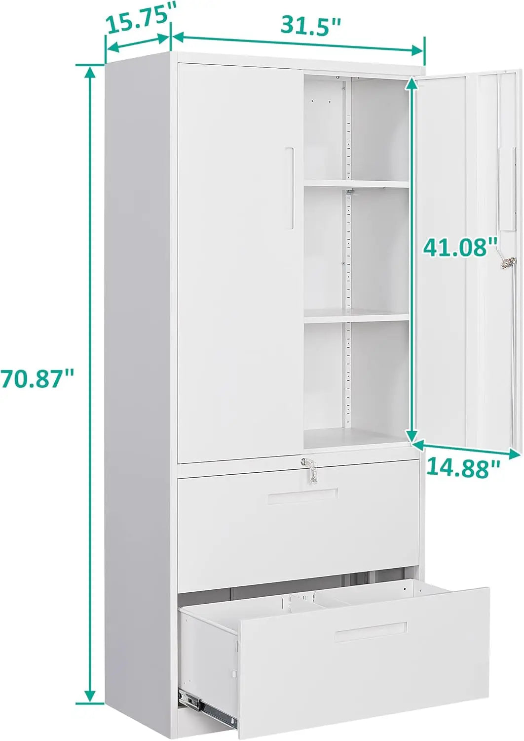 Gabinete de almacenamiento de metal con cajones, archivadores de 71" para oficina en casa, gabinete de almacenamiento de acero con cerradura con puertas y estantes