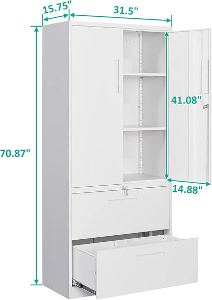 Gabinete de almacenamiento de metal con cajones, archivadores de 71" para oficina en casa, gabinete de almacenamiento de acero con cerradura con puertas y estantes