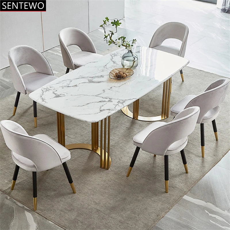 SENTEWO Ensemble de table à manger de luxe en marbre italien 6 chaises en acier inoxydable avec base plaquée or Meubles de maison Mesa Com 4 Cadeiras