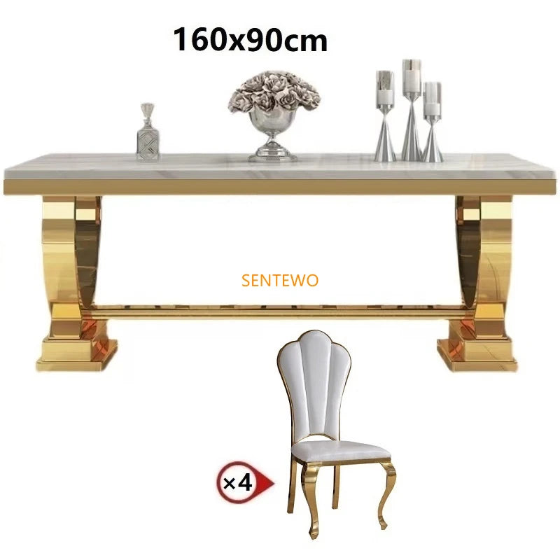 SENTEWO Ensemble de tables et chaises de salle à manger de luxe en marbre avec base en métal émaillé au titane et doré