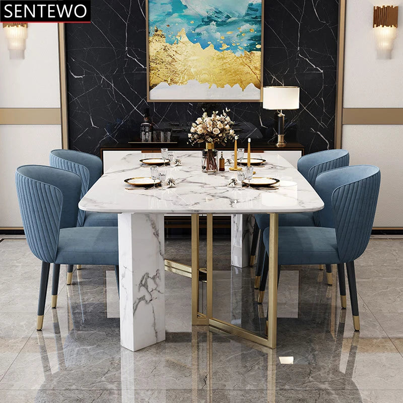 SENTEWO Table à manger de cuisine en marbre de luxe italien avec 6 chaises Ensemble de meubles à cadre doré en acier inoxydable Cadeiras De Jantar