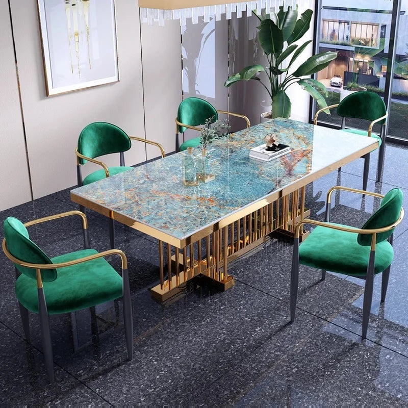 SENTEWO Ensemble de table à manger de luxe en dalle de roche italienne avec 4 chaises, table à manger à cadre doré avec chaise, meubles de cuisine, livraison gratuite