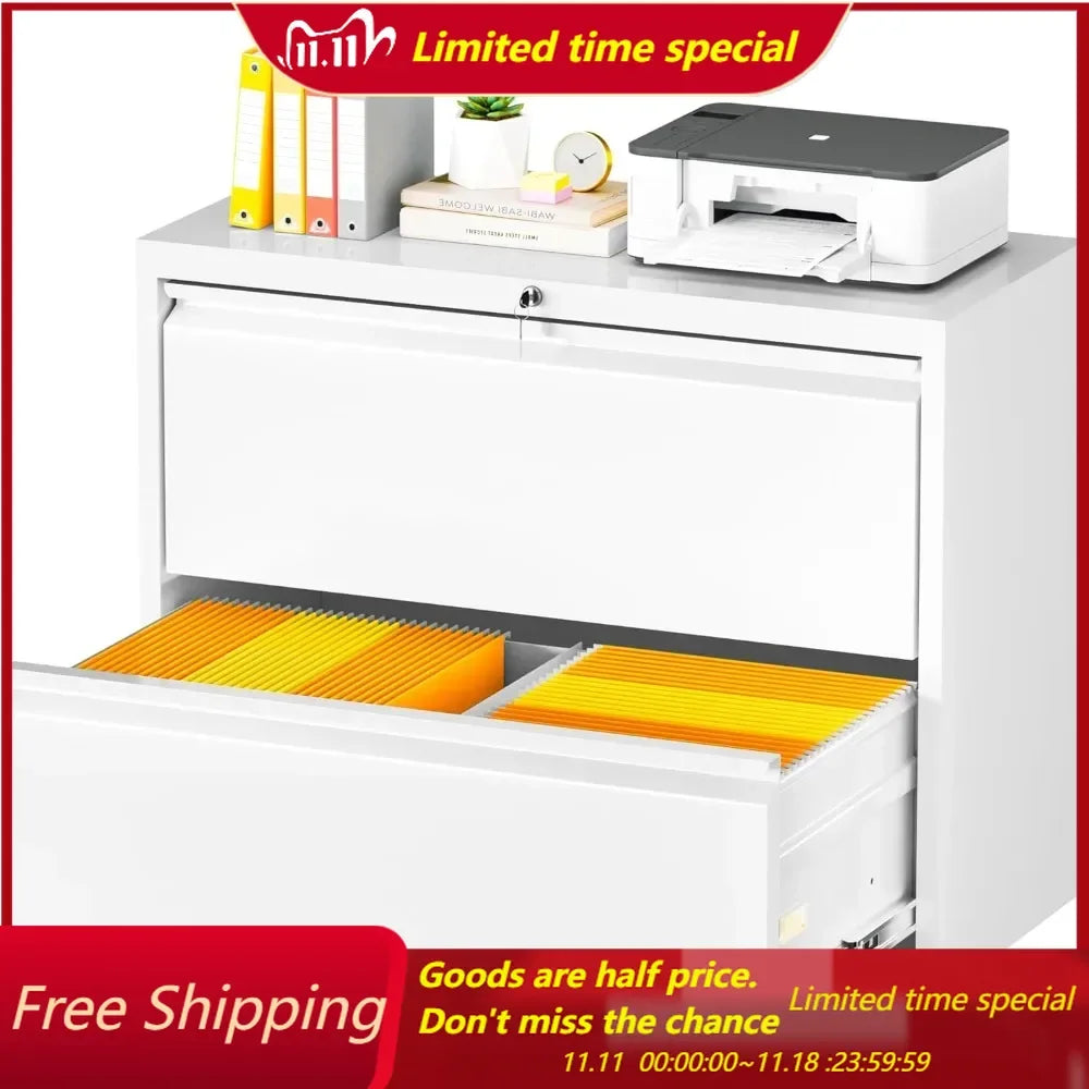 2 Drawer Lateral File Cabinet with Lock, 32" W White Lateral Filing Cabinet, Locking Metal Steel Wide File Cabinets for Home