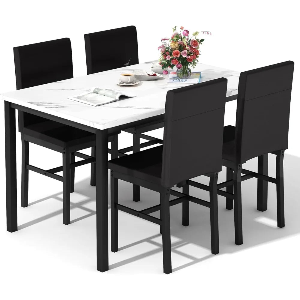 Juego de mesa de comedor para 4, juego de 4 sillas de cocina modernas, juego de mesa de comedor de mármol sintético para 4 que ahorra espacio de 5 piezas