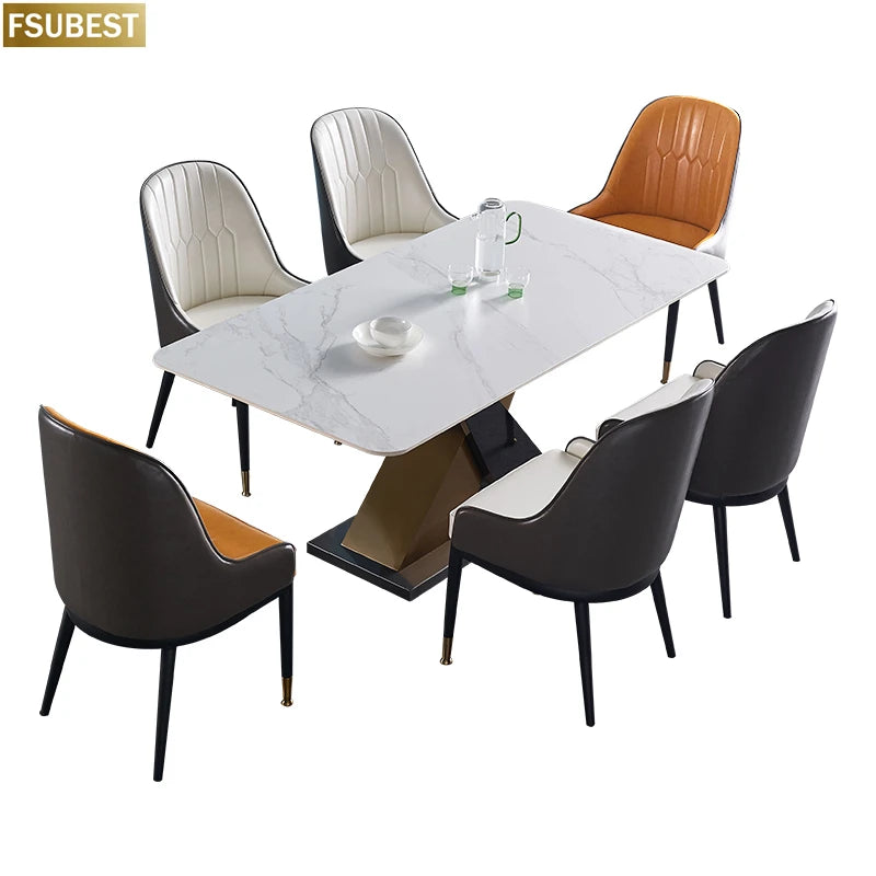 Mesa de comedor y sillas de lujo modernas para 8 personas, mesa de comedor rectangular de acero inoxidable y mármol