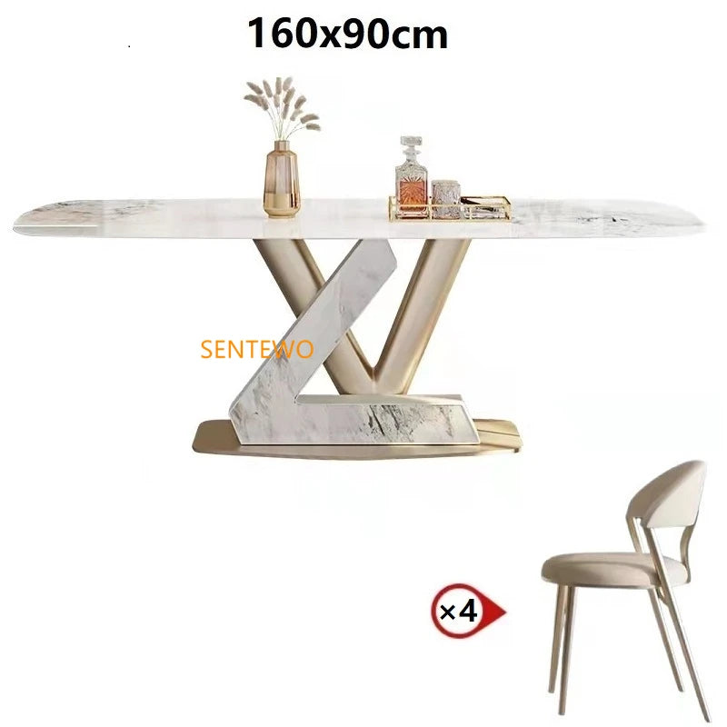 SENTEWO Tables à manger de luxe en marbre italien Ensemble de 4 chaises en métal émaillé titane Base dorée Meubles de maison Chaises Salle