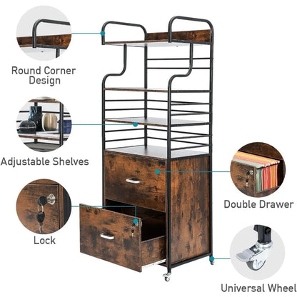 Archivador vertical, archivador móvil de 2 cajones con 3 estantes, soporte para impresora con estantes de almacenamiento abiertos, apto para A4/carta